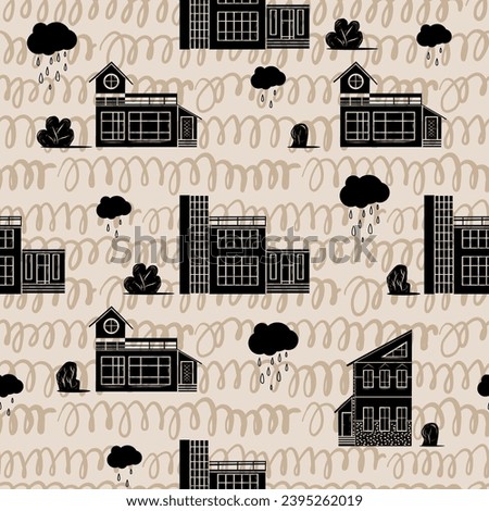 Domestic home and trees hand carved linocut seamless pattern on grungy ink doodles background. Folk art style rural houses and woodland clip art.