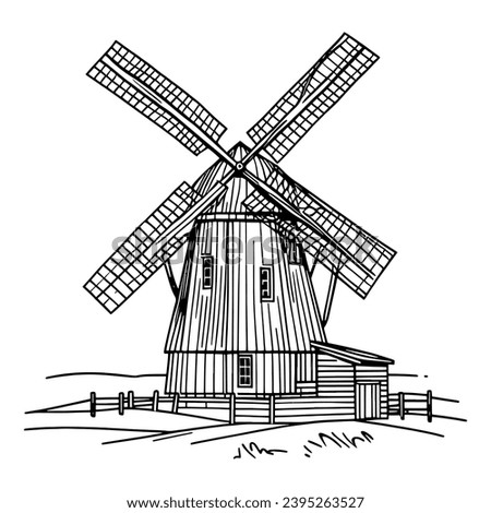 Simple line drawing windmill landmark, wall poster concept. Modern one line drawing vector illustration