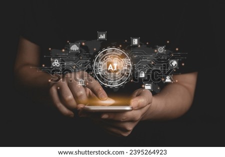 Woman use mobile and touch virtual digital Ai network chain. Digital transformation change management, internet of things, smart Ai technology, IoT concepts of business icons smart Internet of Things.