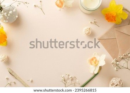 Extend your heartfelt spring wishes with daffodils and gypsophila. Top view image captures flowers, an envelope, aroma candle and decor on a serene beige isolated background, ready for adverts or text Royalty-Free Stock Photo #2395266815