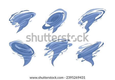 vortex tornado set. cartoon flat spiral cyclone windstorms funnels, catastrophe stormy destruction windy weather twists. vector cartoon minimalistic items collection. Royalty-Free Stock Photo #2395269431