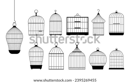 outlined cages. line art simple pixel perfect ornamental bird cages collection, metal animal transport handing cages. vector cartoon set isolated objects. Royalty-Free Stock Photo #2395269455