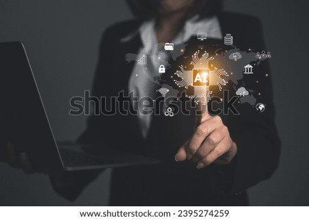 Woman hold laptop and touch virtual digital Ai network chain. Digital transformation change management, internet of things, smart Ai technology, IoT concepts business icons smart Internet of Things.