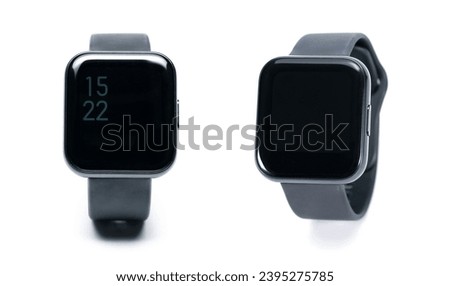 Closeup two smart watch isolated on white background. Black smartwatch square shape design isolated