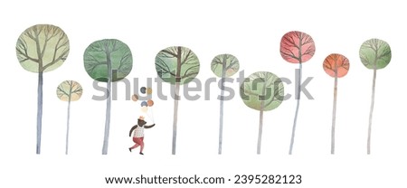 Set of tall trees. Bear with balloons. Watercolor illustration. Decor for a children's room.