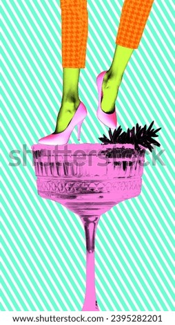 Poster. Contemporary art collage. Female legs in heels dancing on cocktail glass against retro stripped background. Bright comics style design. Concept of disco, party, retro fashion, happy and fun.