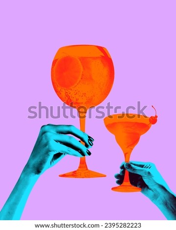 Poster. Contemporary art collage. Cheers. Hands with refreshing sweet cocktails against pastel violet background. Bright comics style design. Concept of art, disco, party, retro fashion, happy and fun