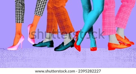 Poster. Contemporary art collage. Women and men dancing dressed retro clothes Bright comics style design. Concept of pop art, disco, party, retro fashion, happy and fun, creativity.