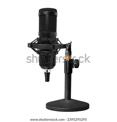 professional podcast microphone on a desktop stand on white background