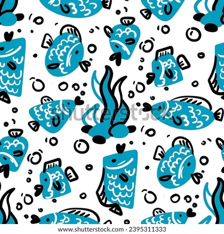 Seamless background with decorative blue fish. Marine theme with swimming fish near algae with stones. Bright elements on a white background. Color spots and contour. Ornament Printing