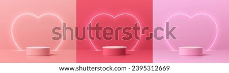 Set of 3D podium valentine day background with pink, red, white cylinder pedestal. Glow neon heart shape backdrop. Vector geometric platform. Mockup product display. Minimal wall scene. Stage showcase Royalty-Free Stock Photo #2395312669