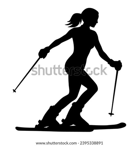 Female Skier in action silhouette. Vector illustration Royalty-Free Stock Photo #2395338891
