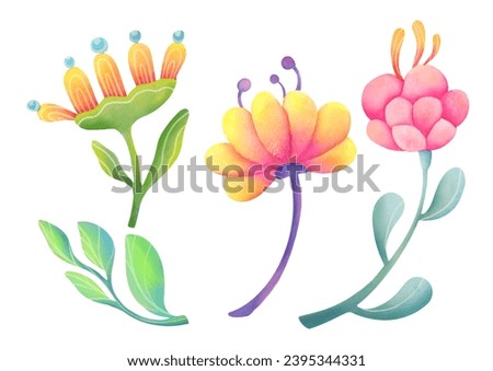 Set of magical plants highlighted on white background. fantastic neon flowers collection. Bright unusual Fantastic alien magic trees and plants game asset. watercolor botanical clip art illustration