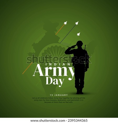 Vector illustration of Indian army day. Silhouette of soldier saluting concept on military green background. Royalty-Free Stock Photo #2395344365