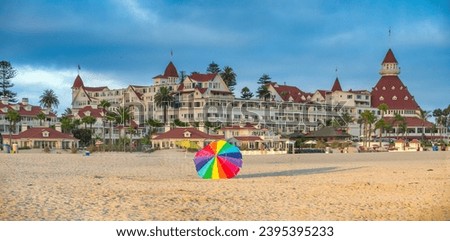 The Coronado is a famous attraction in Coronado Beach, San Diego. Panoramic view. Royalty-Free Stock Photo #2395395233