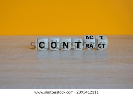 From contact to contract symbol. Turned wooden cubes and changed the word contact to contract. Beautiful orange background, wooden table, copy space. Business, from contact to contract concept.