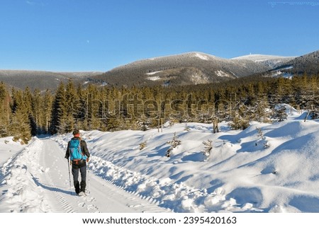 The young man is walking along the snow-covered hiking trail, from the trail you can see the mountain landscape - the Sudetes.