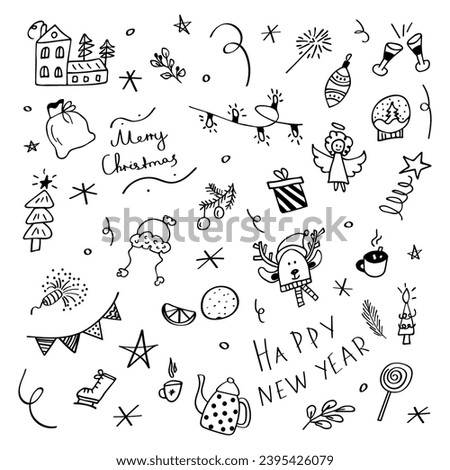 Doodle vector set: New year party related objects and elements


