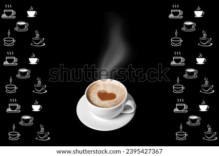 Image of hot coffee with hot vapor rising from the cup. on a black background There are rows of coffee cups along the edge of the picture. Suitable for use in food and beverage media and advertising.