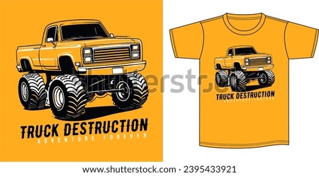 Vector illustration on the theme of monster truck car. Design for fashion surfwear t-shirt . Silkscreen.