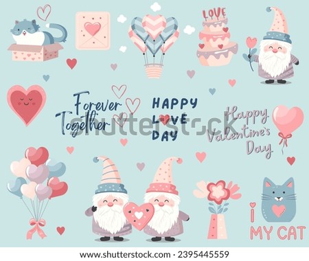 Set of cute vector love stickers. Valentines day elements: gnome, heart, cat, balloons. Romantic vector icons pack pastel colors