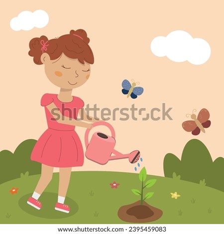 Vector cartoon girl watering a plant with a watering can