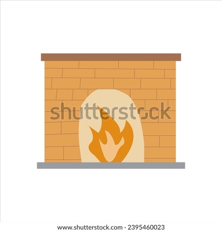 Cozy brick fireplace with firewood. Doodle of winter time aesthetic. Cartoon  illustration. Single clip art isolated on white.