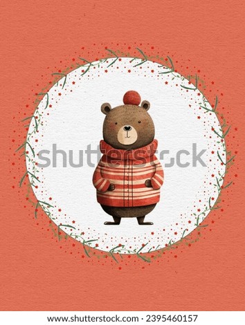 Merry Christmas and happy new year greeting card with cute bear. High quality photo