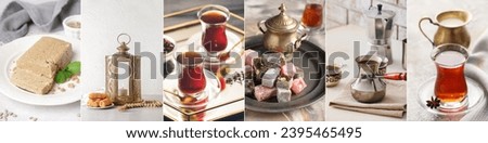 Set of Turkish tea, coffee, Muslim lantern and traditional sweets