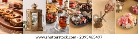 Collage of Turkish tea, coffee, Muslim lantern and traditional sweets