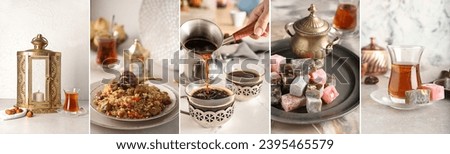 Collage of Turkish coffee, tea, Muslim lantern and traditional food