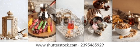 Set of Turkish coffee, tea, Muslim lantern and traditional food