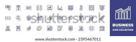 Business line icon collection. Editable stroke. Vector illustration. Containing dollar, tower, arrow, pie chart, graphs, organization, deal, currency, atm, money, pay, invoice, presentation, time.