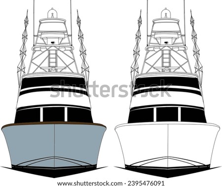  Front view fishing boat vector line art illustration.