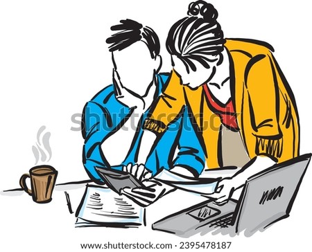 couple man and woman paying bills concept working together with laptop computer vector illustration