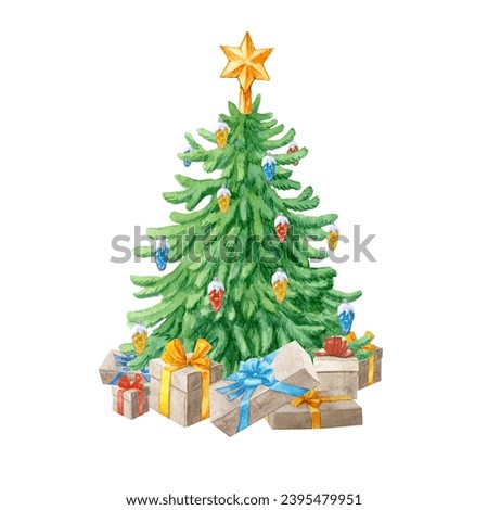 aquarelle clipart of Christmas tree decoration, gift boxes with bows, Happy new Year attributes, green fir for New Year greeting cards 