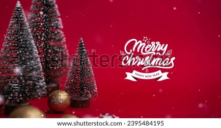 Merry Christmas 2023 banner type background, snow Christmas trees with balls isolated on red colour background, Happy New year and Christmas poster design