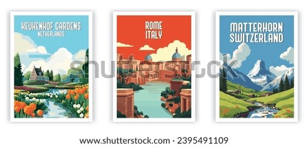 Keukenhof Gardens, Matterhorn, Rome Illustration Art. Travel Poster Wall Art. Minimalist Vector art. Royalty-Free Stock Photo #2395491109