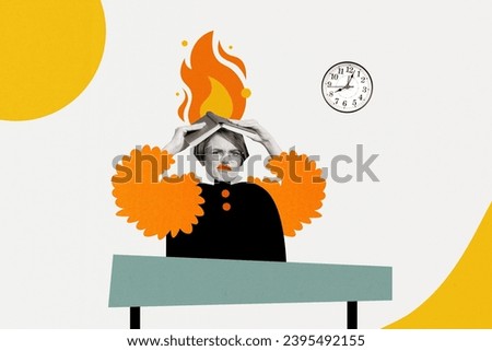 Collage picture sketch of stressed woman sitting table reading book preparing exam isolated on painted background