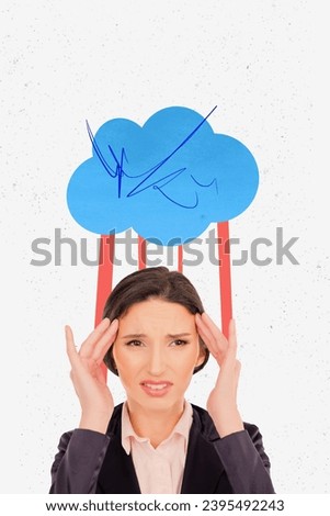 Vertical collage picture of unsatisfied girl hands fingers touch temples suffer headache drawing cloud above head isolated on white background