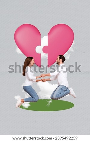 Creative drawing collage picture of young couple hold hands jump puzzle heart date valentine day concept bizarre unusual fantasy billboard