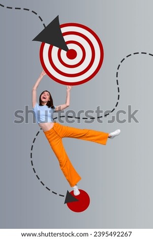 Collage artwork graphics picture of excited lady playing darts catching arrows isolated grey color background