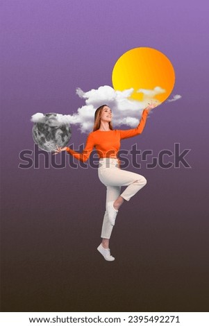 Photo cartoon comics sketch collage picture of happy smiling lady enjoying moon light isolated creative background