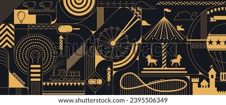 Luxury golden Amusement park background. Carnival parks carousel attraction, fun rollercoaster and ferris wheel attractions. Linear style illustrations. Royalty-Free Stock Photo #2395506349