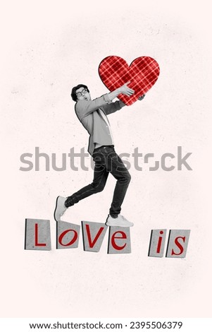 Collage pinup pop retro sketch of funny young man carry heart valentine day love dating concept magazine surrealism metaphor psychedelic