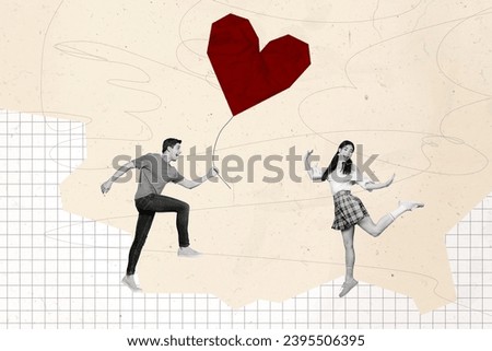 Image collage of two people young couple people having fun give surprise red air balloon heart shape isolated on beige color background