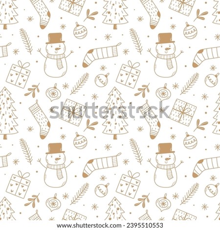 Seamless vector Christmas pattern with gifts, toys, snowmen, socks and Christmas trees drawn in doodle style.