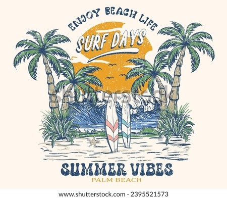 Surf day. Summer time. Beach vibes artwork for t shirt, poster, sticker. Summer good vibes. Paradise t shirt graphics design, typography slogan on palm trees background.  Palm tree vector design.