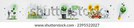 Creative abstract template graphics collage image of people using green energy isolated white color background Royalty-Free Stock Photo #2395522027
