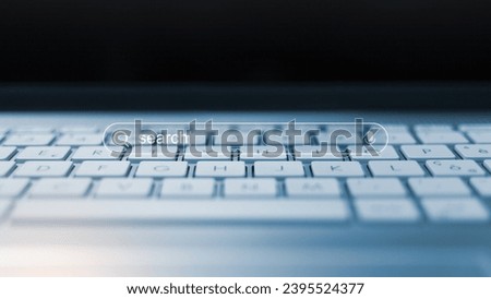 Close-up on keyboard with digital search bar graphic overlay, SEO (Search Engine Optimization) concept , internet browsing and online search